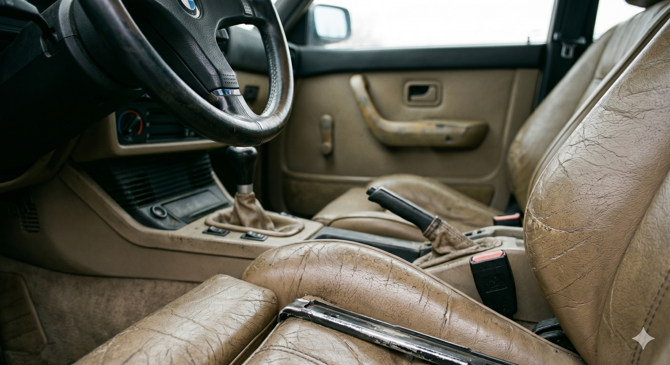 BMW E28 interior — worn leather and manual shifter