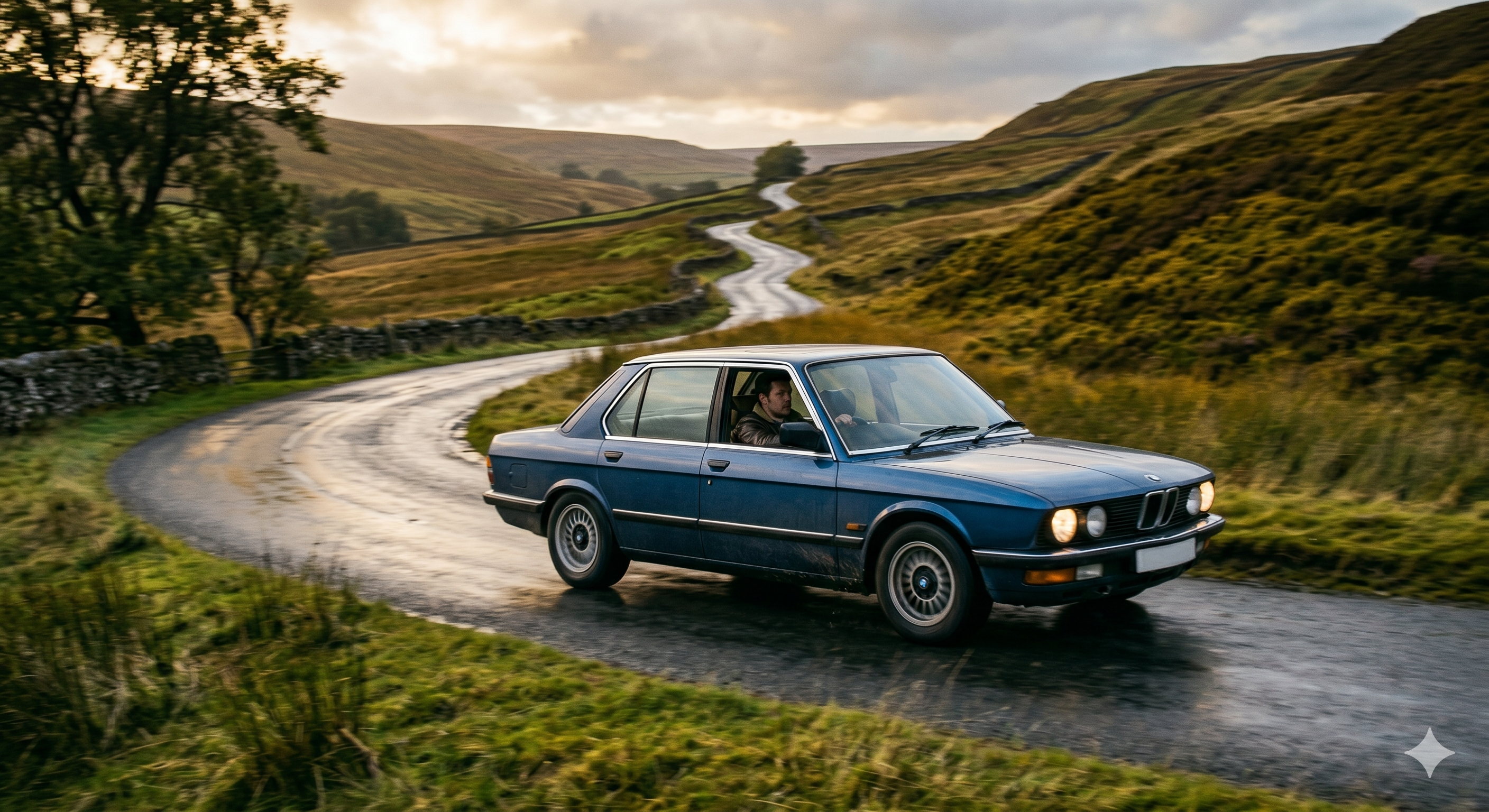 BMW E28 on a country road